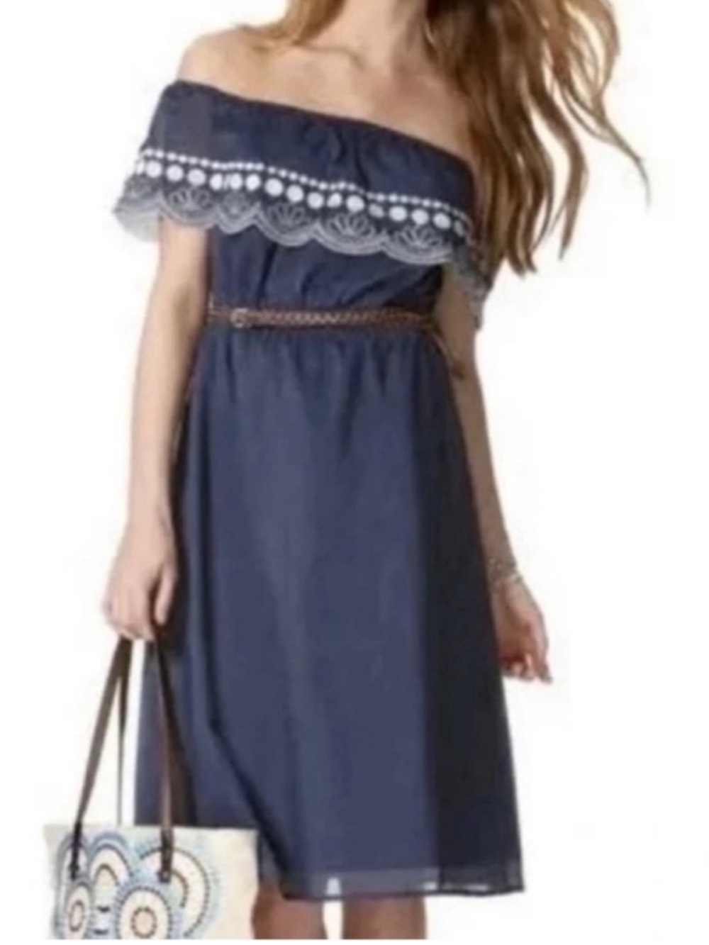 Calypso St. Barth Navy Blue Off Shoulder Dress with Embroidered Trim Size Small